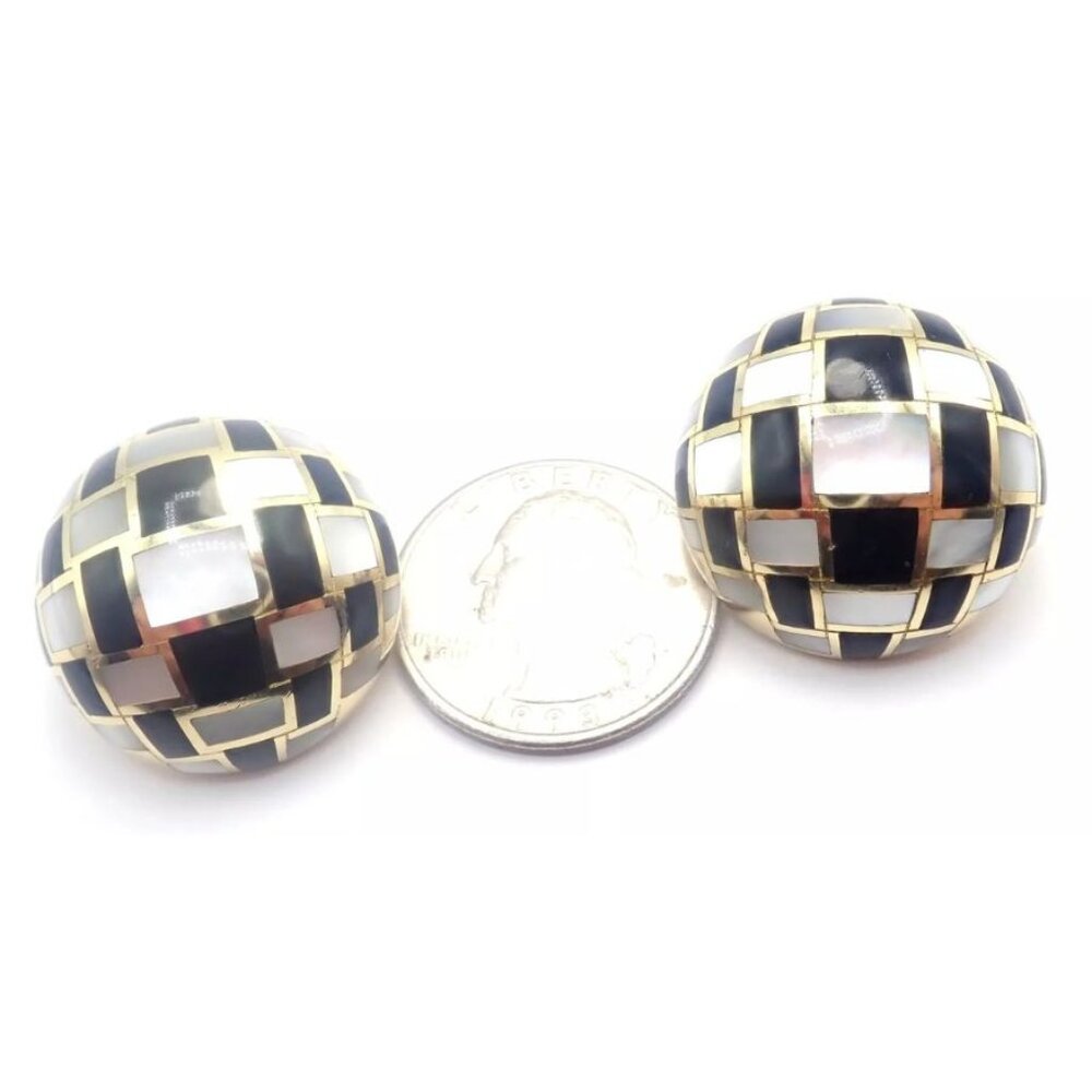 Tiffany & Co Cummings 18k Gold Mother of Pearl Black Jade Checkerboard Earrings - Picture 5 of 11